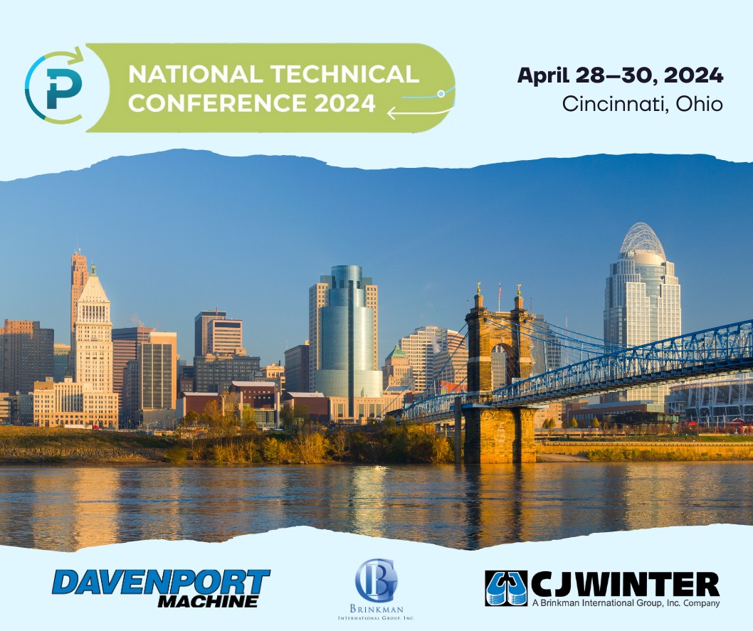 A picture of the Cincinnati skyline with the times and dates of the 2024 PMPA Technical Conference overlayed.