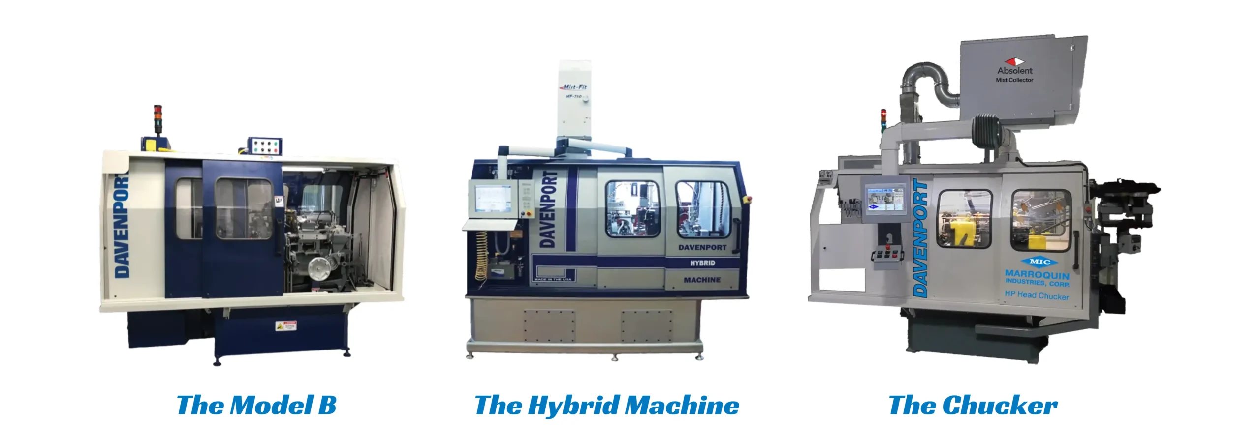3 multi-spindle screw machines in a row, including the Davenport Model B, the Davenport Hybrid Machine and the Davenport Chucker.