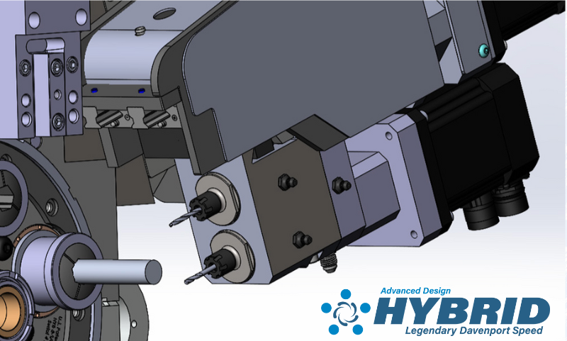 An illustrated triptych depicting the Davenport Hybrid Machine with three different machining operations, including a 3-axis, multi purpose CNC slide.