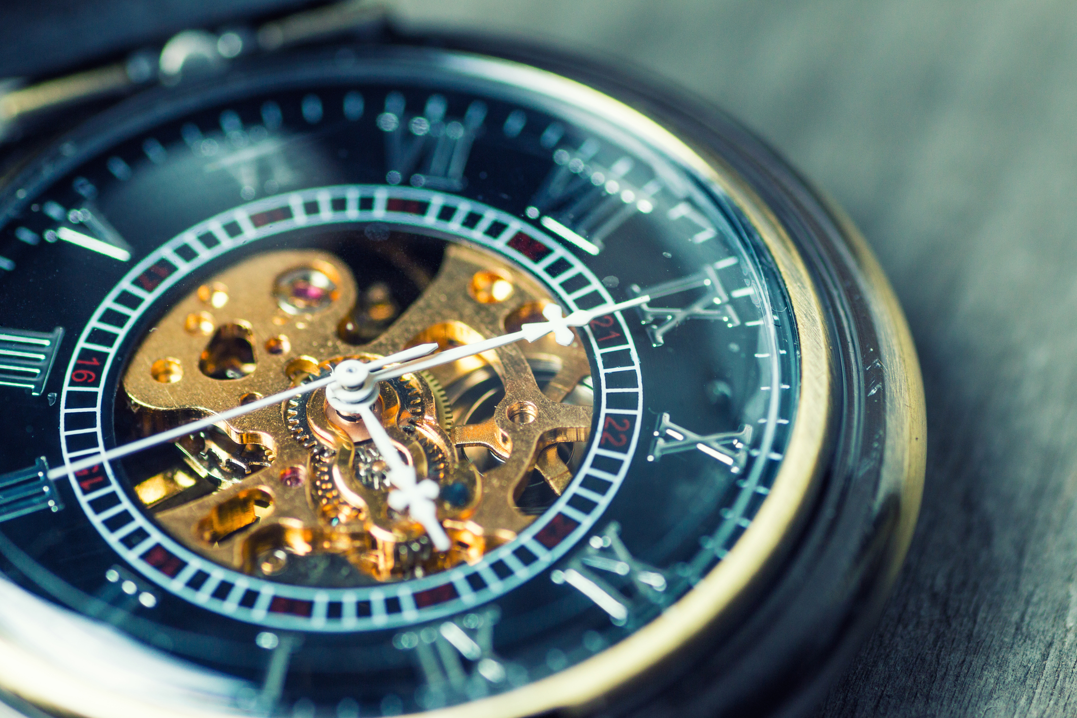 Close up of vintage pocket watch Showing Gears;time concept